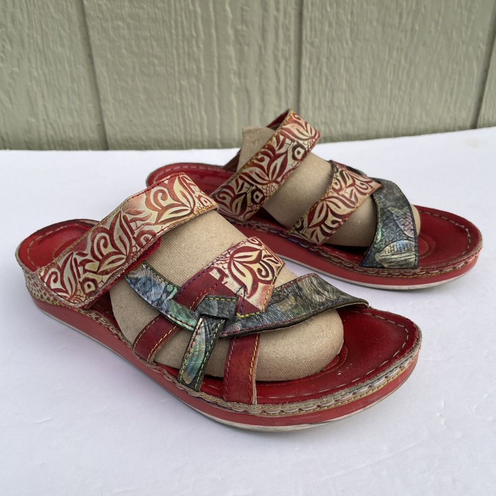 L'Artiste Sandals Womens US Size 7.5-8 /38 Red Caiman Artsy Bohemian Wedge Slide - Picture 4 of 16
